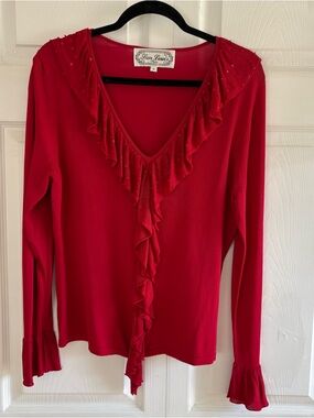 Vintage Y2K San Louis Red VNeck Ruffle Sequin Top Blouse M Vamp Romantic Coquett